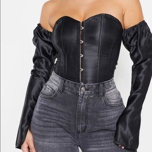 Black Satin Long Sleeve Bardot Corset top